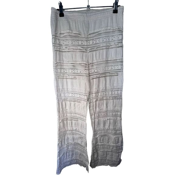 Entro Boho White Crochet Lace Casual Stretchy Flare Style Pants - Picture 4 of 6